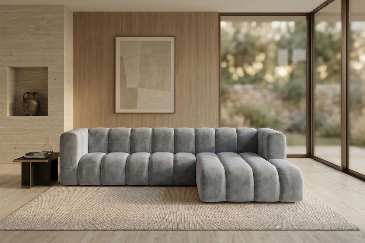 ECKSOFA Modulares In L-Form, Velvet-Stoff Riviera, Grau, Rechts, GRAND 287 cm - Grau, Holz (287/179cm) - Kaiser Möbel