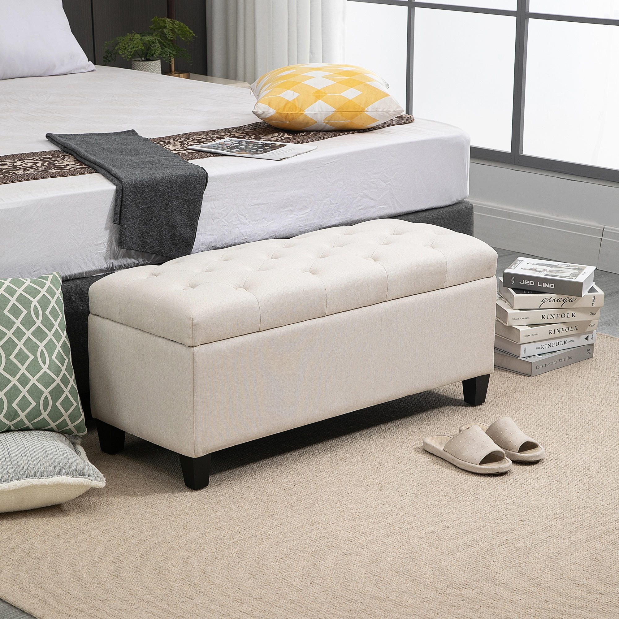 SITZBANK Polsterbank mit Stauraum leinenartiges Polyester holz Cremeweiß - Creme, Kunststoff (40/44/100cm) - HOMCOM