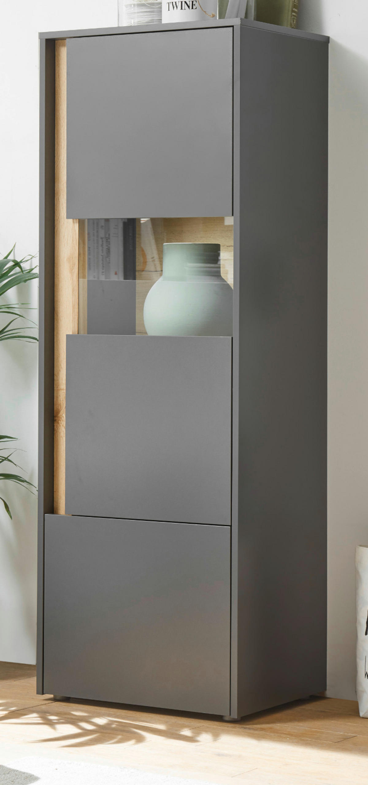 VITRINE grau matt, Eiche Wotan 50 x 155 cm, Vitrinenschrank 4 Fächer - Eiche Wotan/Grau, Holz/Holzwerkstoff (50/155/40cm) - Furn.Design