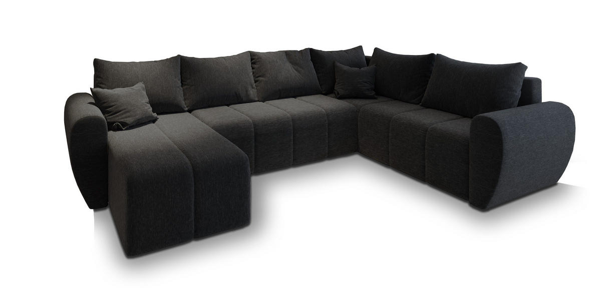WOHNLANDSCHAFT MADISON XL R-S Schwarz Dünner Stoff mit Schlaffunktion - Schwarz, Holz (303/82/208cm) - MASSENO