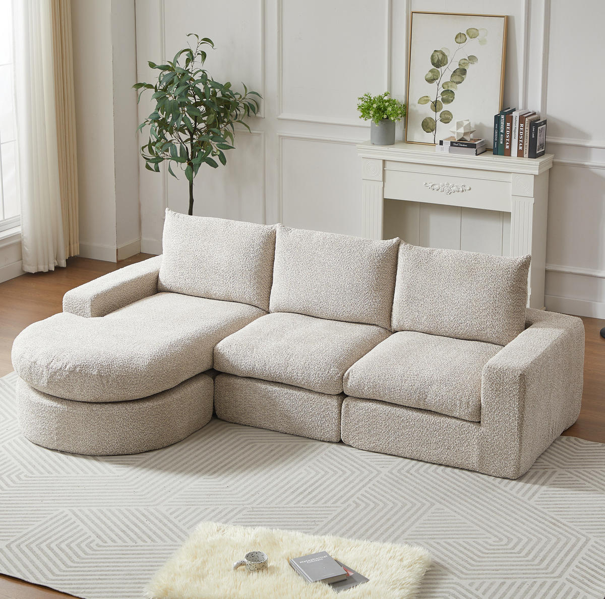 ECKSOFA 250/160/80 cm beige aus Chenille mit Recamiere und Kissen - Beige, Textil (160/250cm) - OKWISH