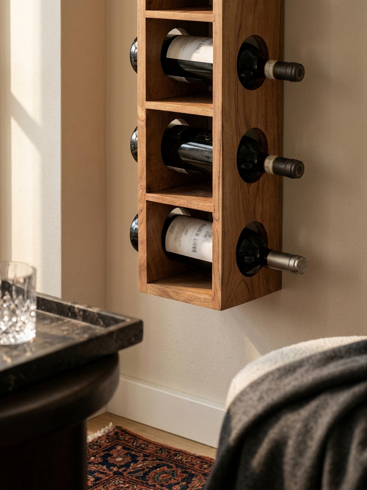 WEINREGAL Massivholz mit 5 Fächern Wandmontage Edelholz-Optik, Beige 70 cm - Beige, Holz (15/70/15cm) - KADIMA DESIGN