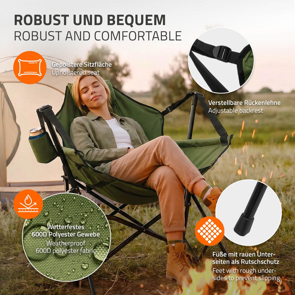 CAMPING-SCHAUKELSTUHL faltbar Khaki mit Stahlgestell 82x105x107 cm - Grün, Textil (105/107/82cm) - ECD-Germany