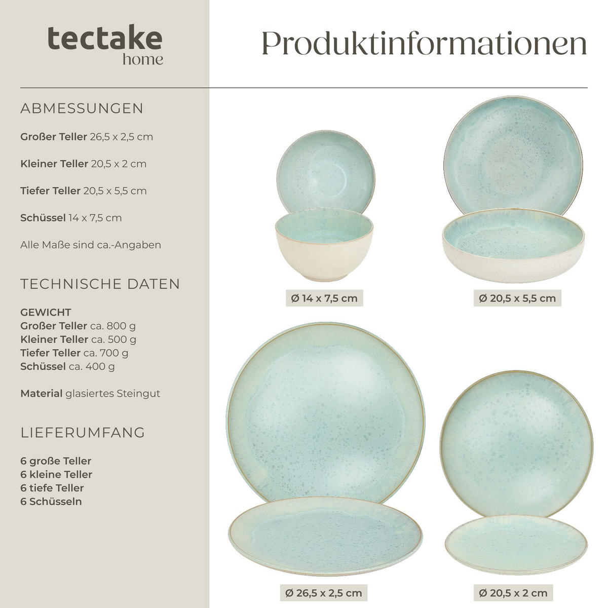 TAFELSERVICE Mare, ineinander stapelbar, Mint - Mintgrün, Keramik (26.5/2.5/26.5cm) - tectake