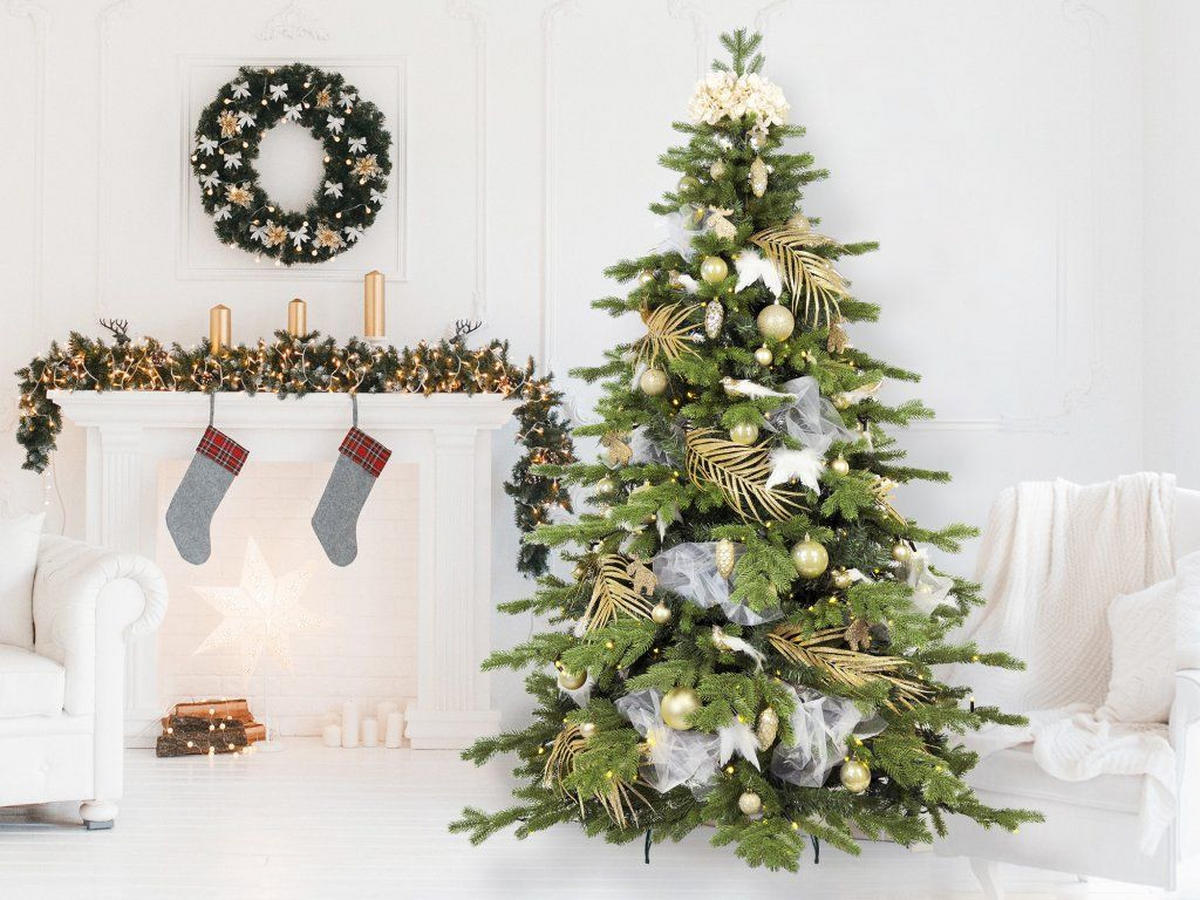 WEIHNACHTSBAUM künstlicher 150 cm, SAMTELEGANZ II, mit 132-teiligem Weihnachtsbaumschmuck, inkl. Metallständer und Aufbewahrungsbox - Champagner/Silberfarben, Kunststoff/Textil (104/150cm) - LAALU