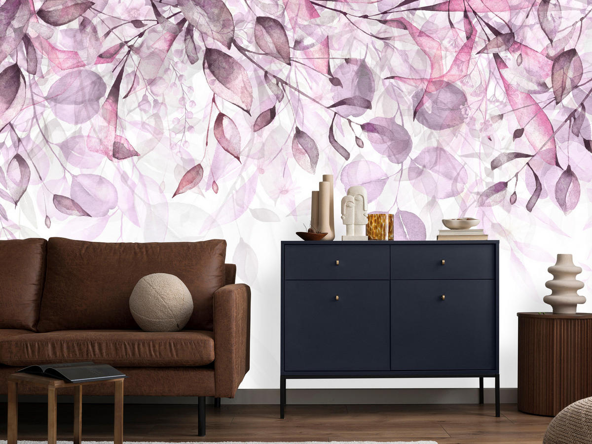 FOTOTAPETE für Schlafzimmer Aquarell Zarte Rosa Blätter Botanisch 450x315 - Violett/Weiß, Papier (450/315cm) - Muralo