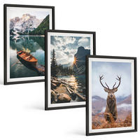 BILDER SET 3er Set - 40x60 cm Schwarzer Rahmen - Bergsee, Bootsfahrt, Sonnenuntergang, Hirsche - Schwarz, Kunststoff (40/60cm) - TULUP