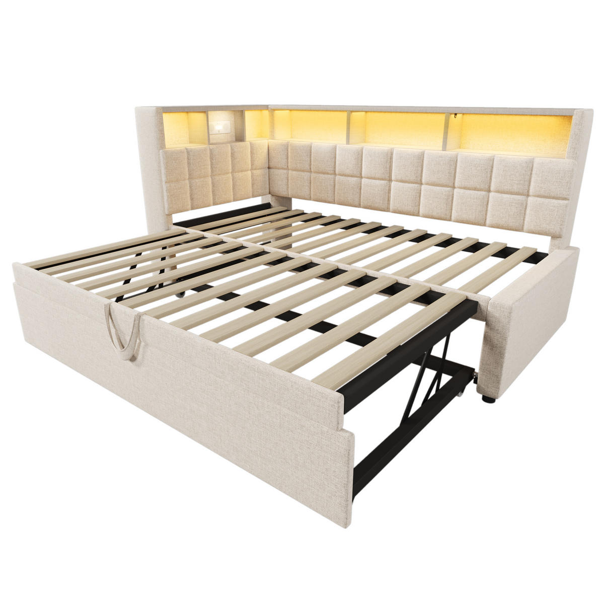 AUSZIEHBETT 90/200 cm DE-00770, in Beige, LED und L-Kopfteil - Beige, Holz (90/200cm) - ComfortXL
