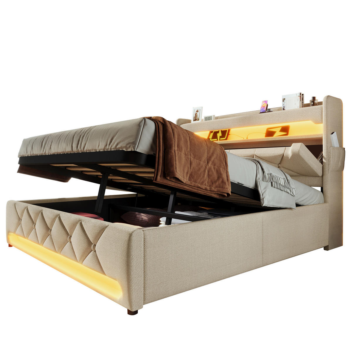 POLSTERBETT 160/200 cm mit Bettkasten, LED-Beleuchtung und USB in Beige - Beige, Textil (160/200cm) - BEAOK