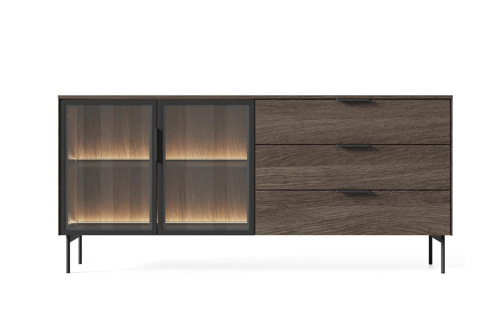 KOMMODE Ilumi Eiche Dunin, Zweitürig, mit Schubladen - Eichefarben/Schwarz, Holzwerkstoff/Metall (181/83/39cm) - Bettso