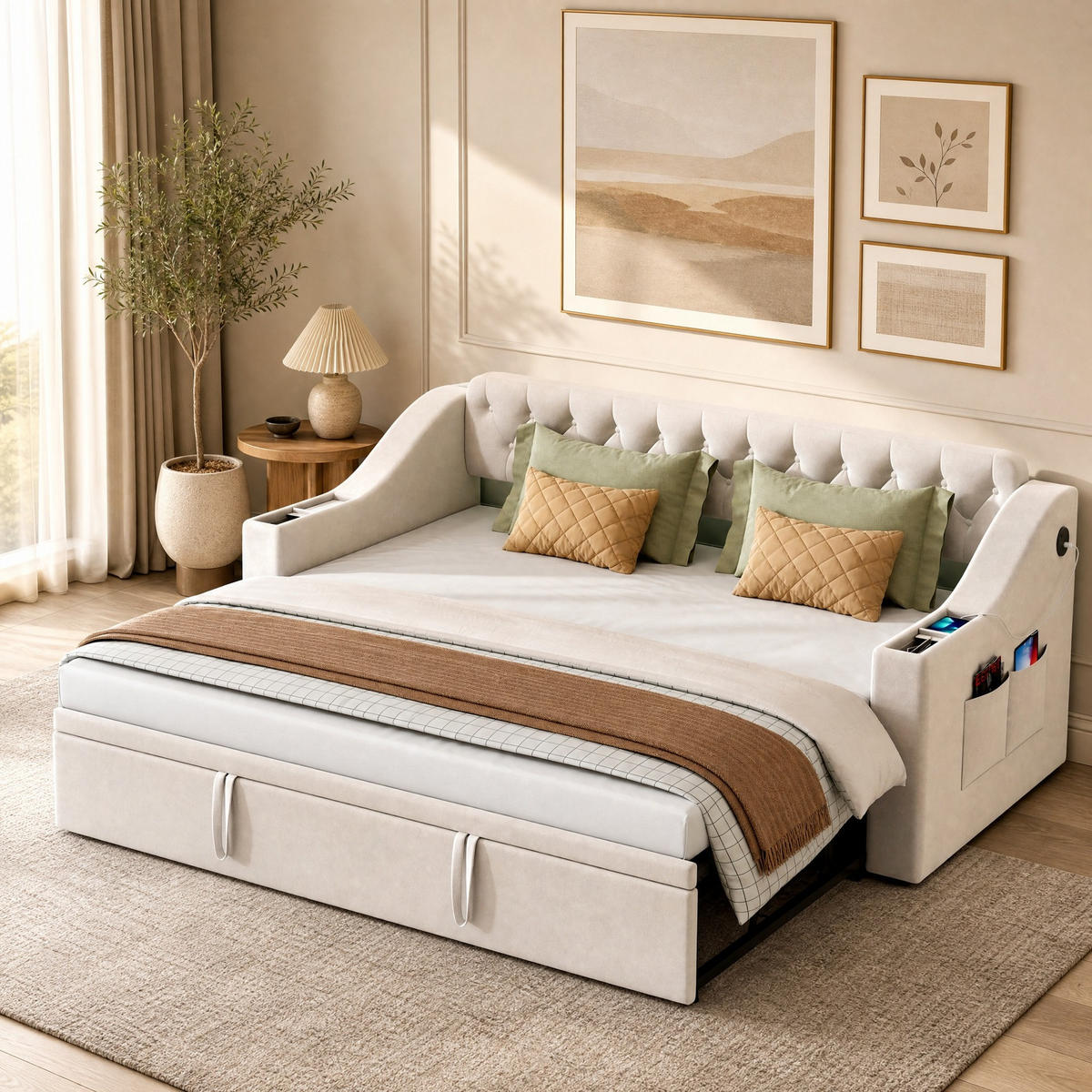 POLSTERBETT 90/190 mit Ausziehbett, USB, Ablagefächern und Lattenrost in Beige - Beige, Holzwerkstoff/Textil (90/190cm) - EVRYAE