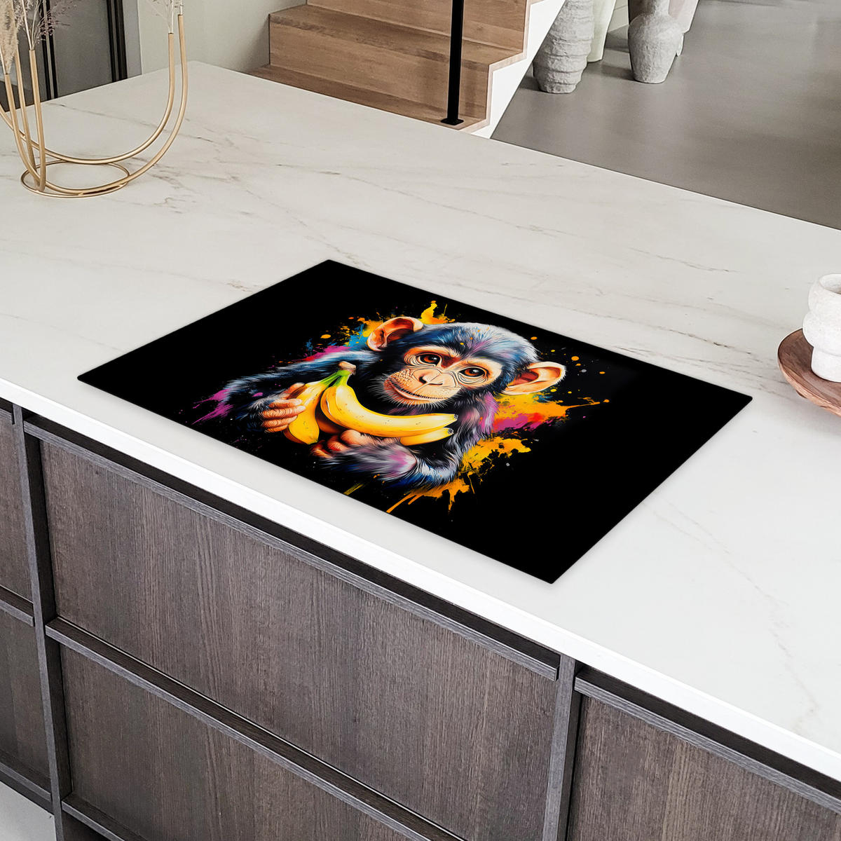 HERDABDECKPLATTE Affe - Graffiti - Farbenfroh - Bananen - Modern 83x51 cm - Gelb, Kunststoff (83/0.2/51.5cm) - MuchoWow
