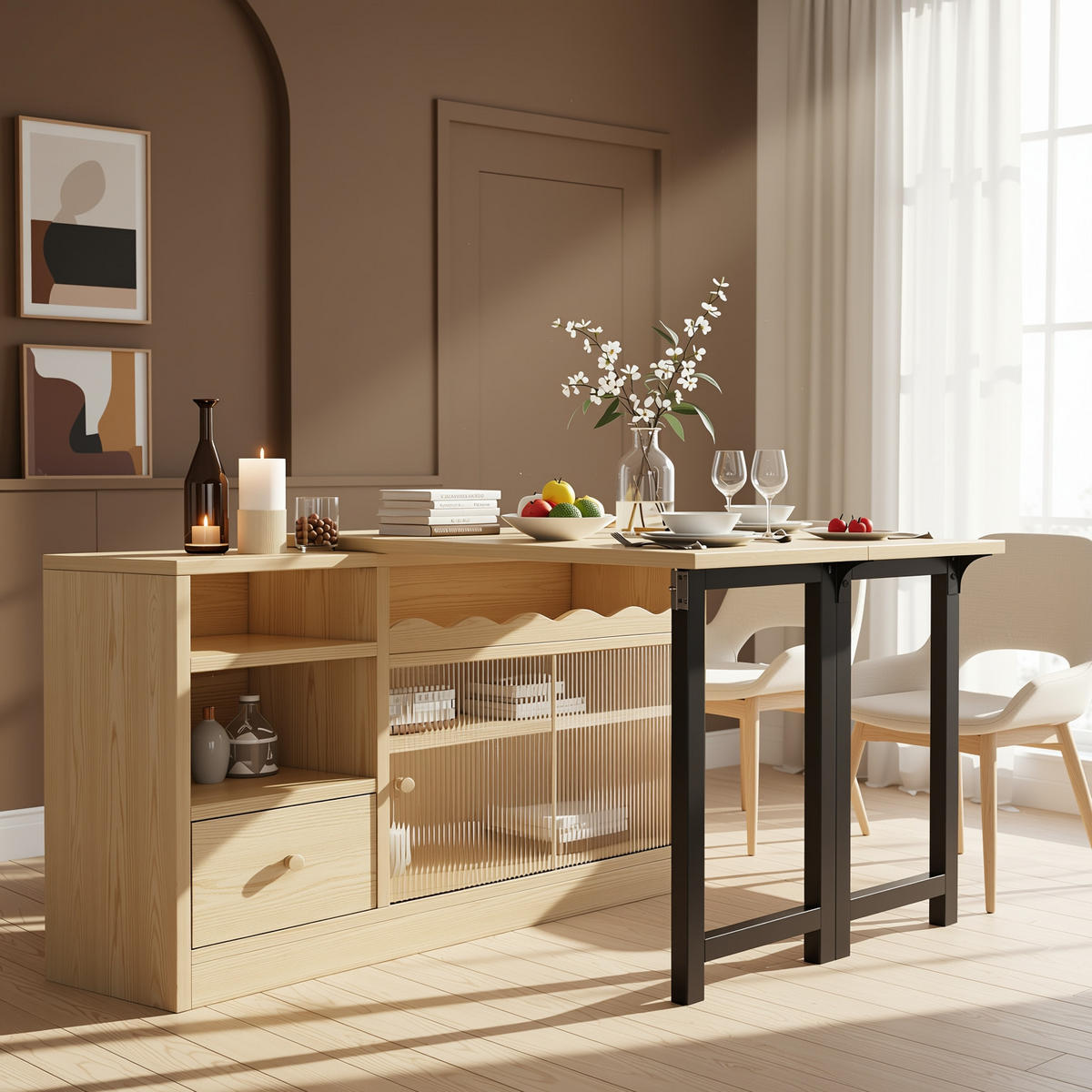 ESSTISCH Multifunktions & Sideboard (klappbar) mit Stauraum - Naturfarben, Holzwerkstoff/Metall (110/120/75cm) - Urban Meuble