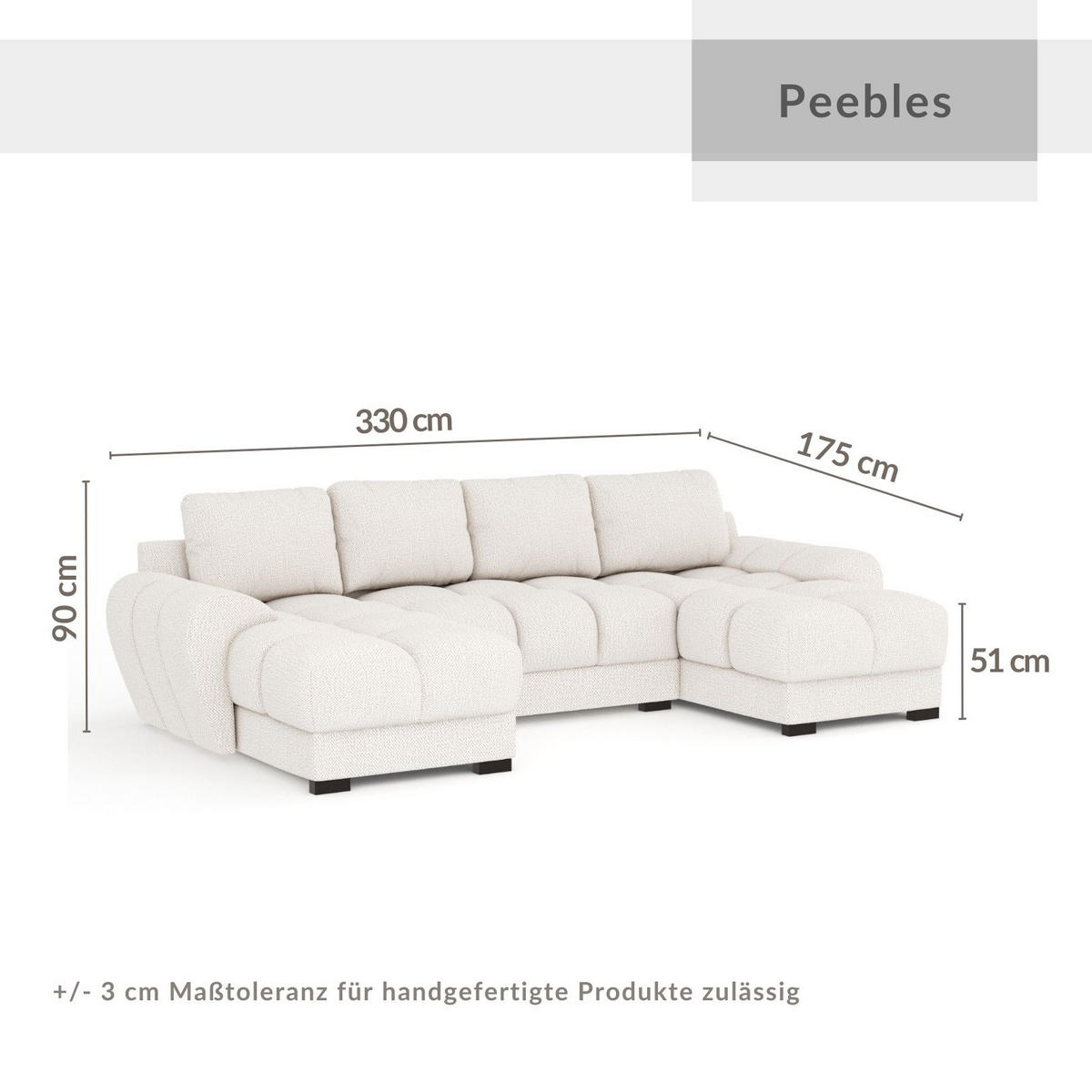 WOHNLANDSCHAFT Peebles Beige Chenille-Stoff - Beige/Schwarz, Holz/Holzwerkstoff (330/90/175cm) - Maison de Reve