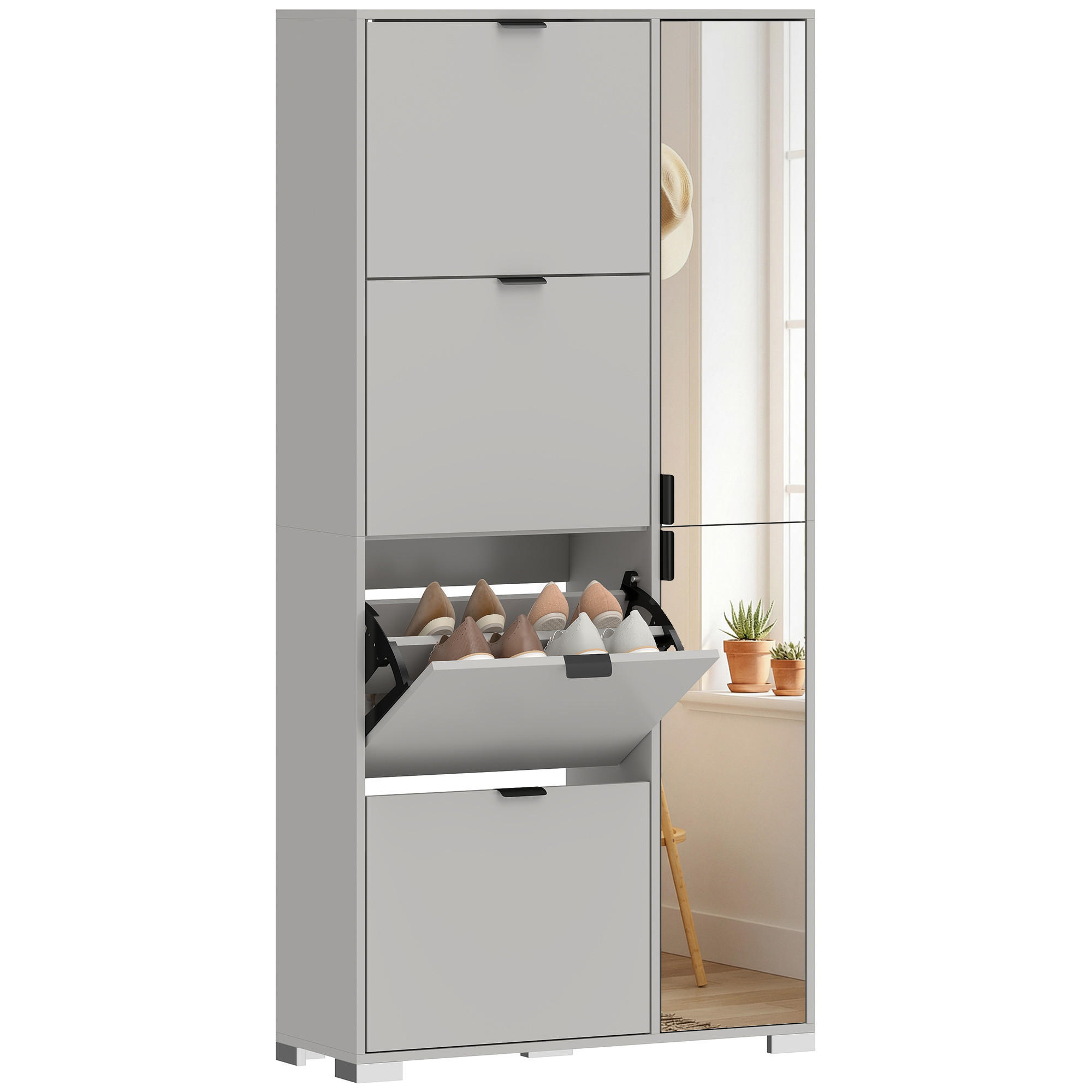 SCHUHREGAL,4 Klappschubladen mit Spiegel,grau - Grau, Holzwerkstoff (82/168/30cm) - Vallsero