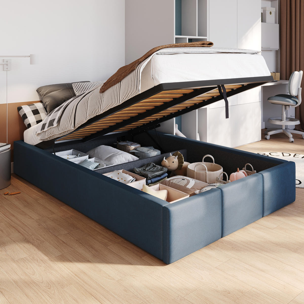 POLSTERBETT für Schlafzimmer Bett mit Stauraum Dunkelblau 120x200cm - Dunkelblau, Holzwerkstoff/Textil (120/200cm) - Muralo