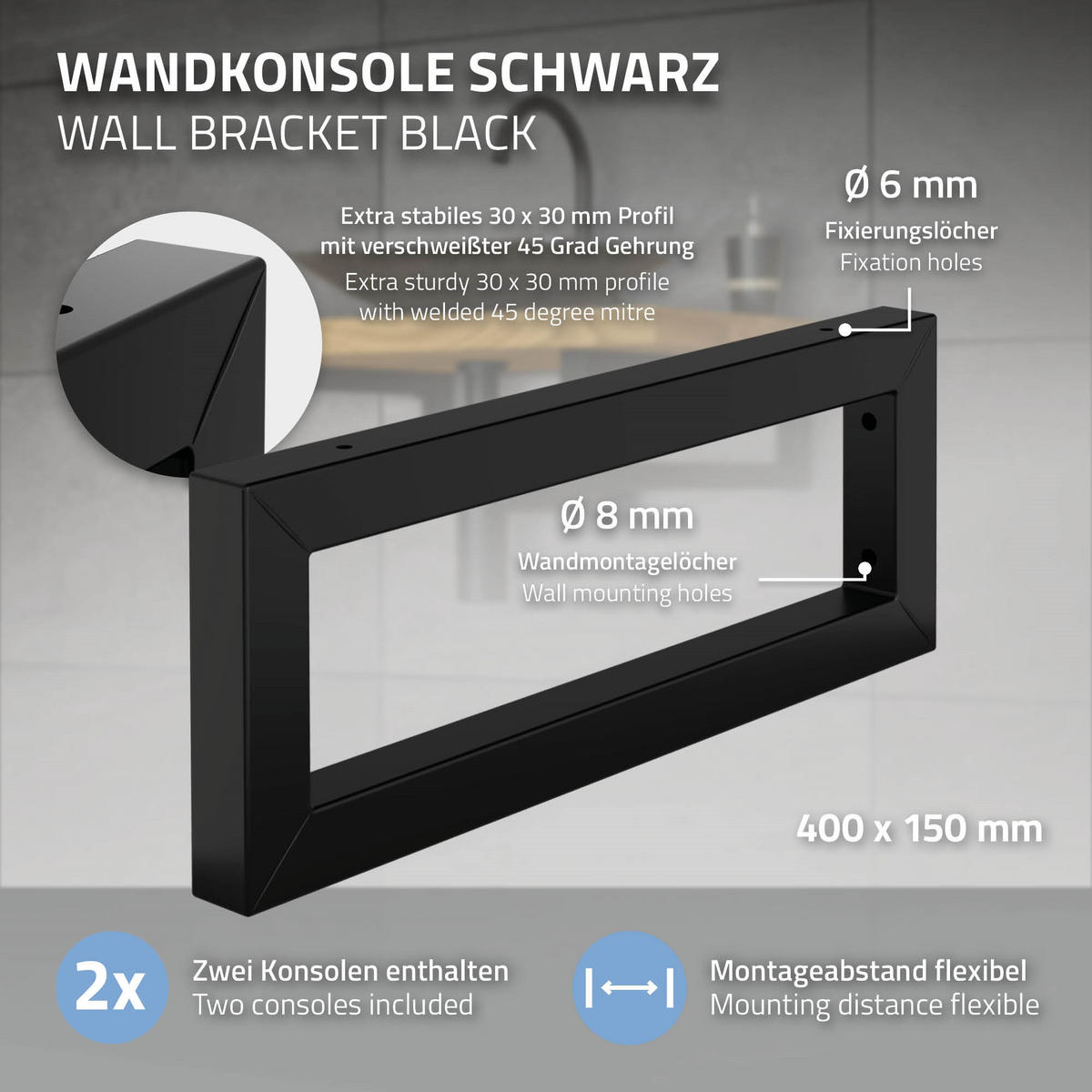WANDKONSOLE - Schwarz, Metall (15/3/40cm) - ML-DESIGN