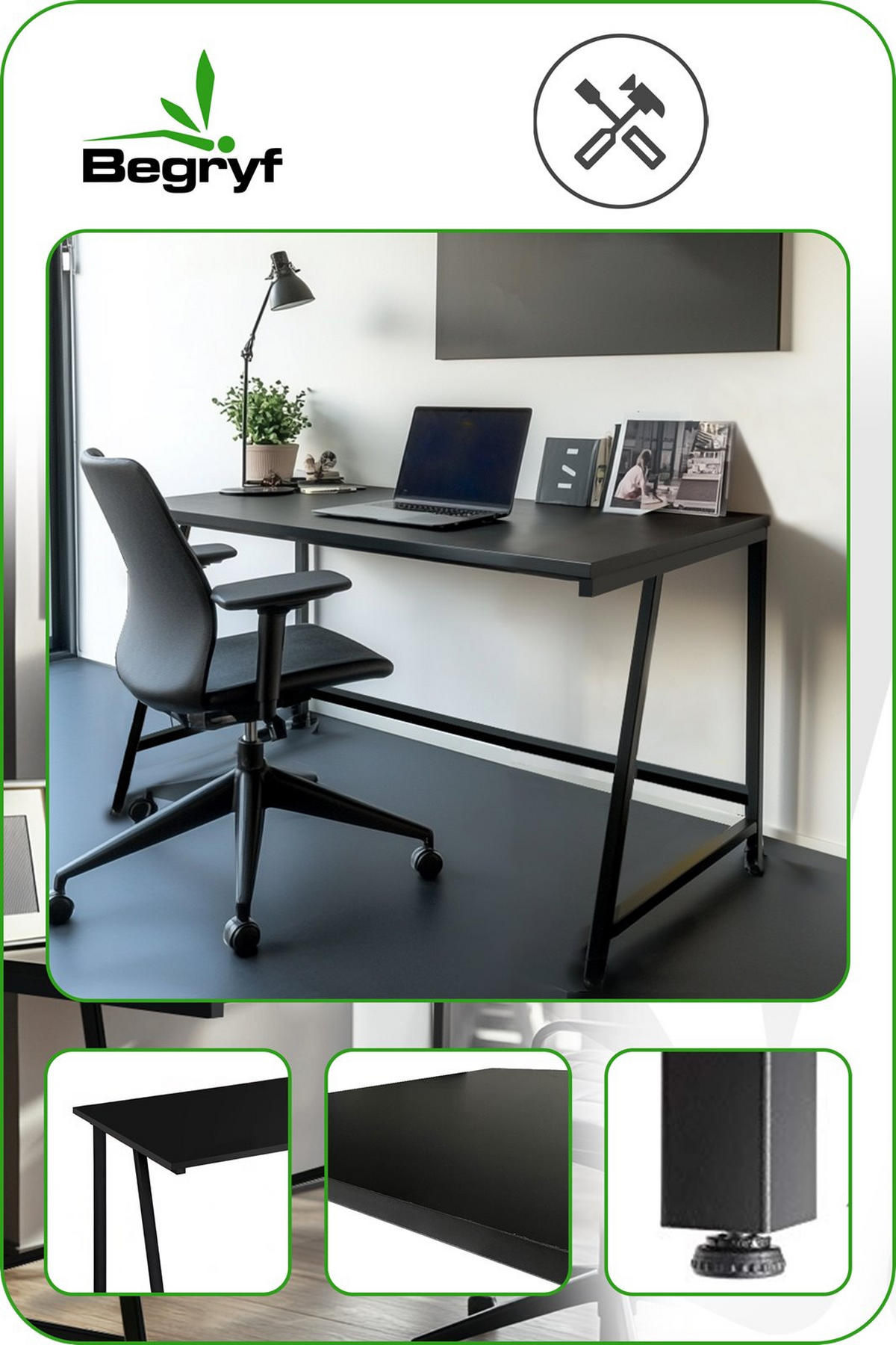 SCHREIBTISCH Metall Holzoptik Schwarz stabil 100x50x75 cm - Schwarz, Holzwerkstoff/Metall (50/100/75cm) - Begryf