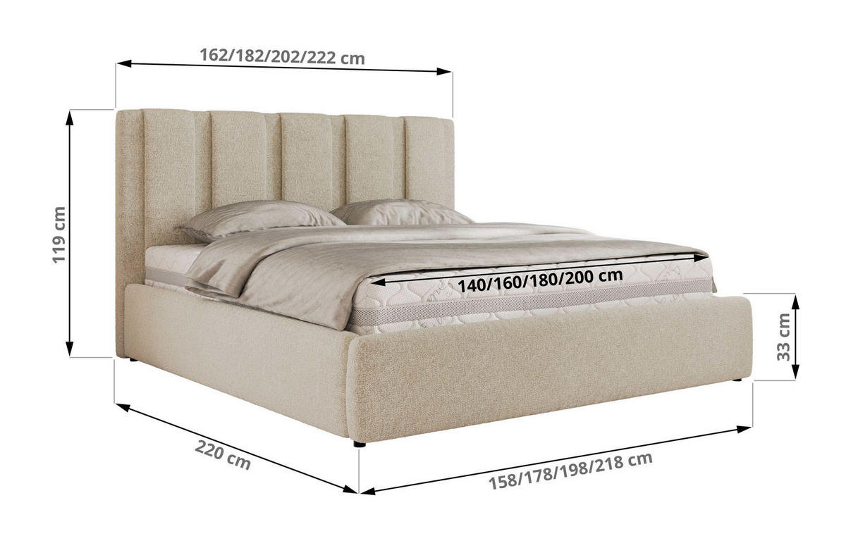 POLSTERBETT SAVINO CLASSIC 160/200 - Creme Struktur - Multipocket-Matratze - Creme, Textil (160/200cm) - MKS