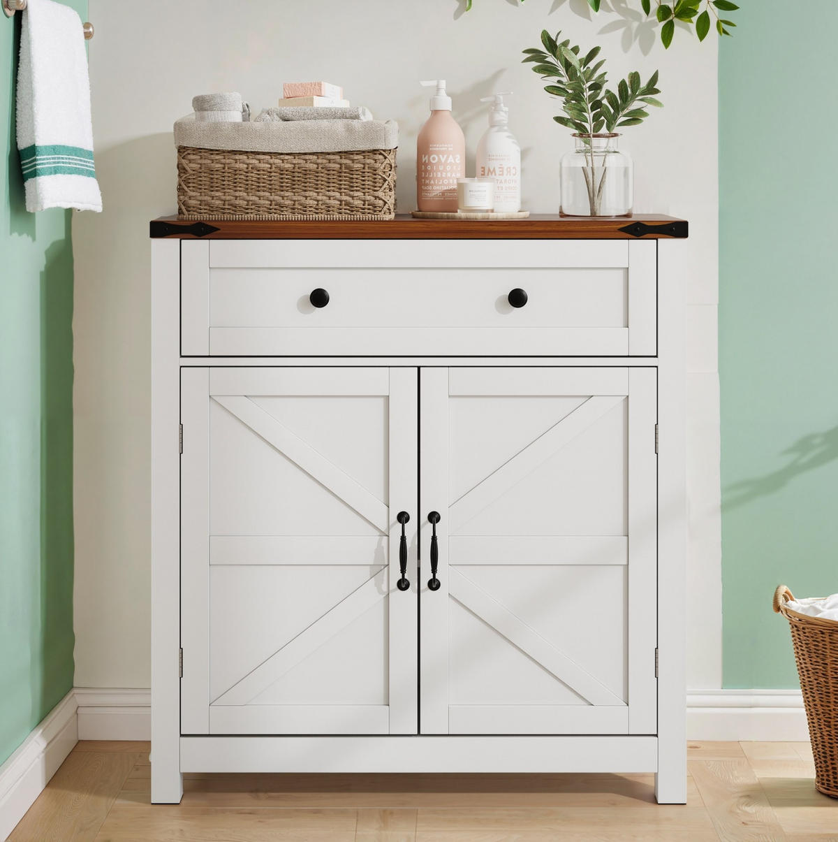 SIDEBOARD 76/30/83 cm mit 2 Türen & Schublade in Weiß mit Walnuss-Optik - Weiß, Holzwerkstoff (76/83/30cm) - BEAOK