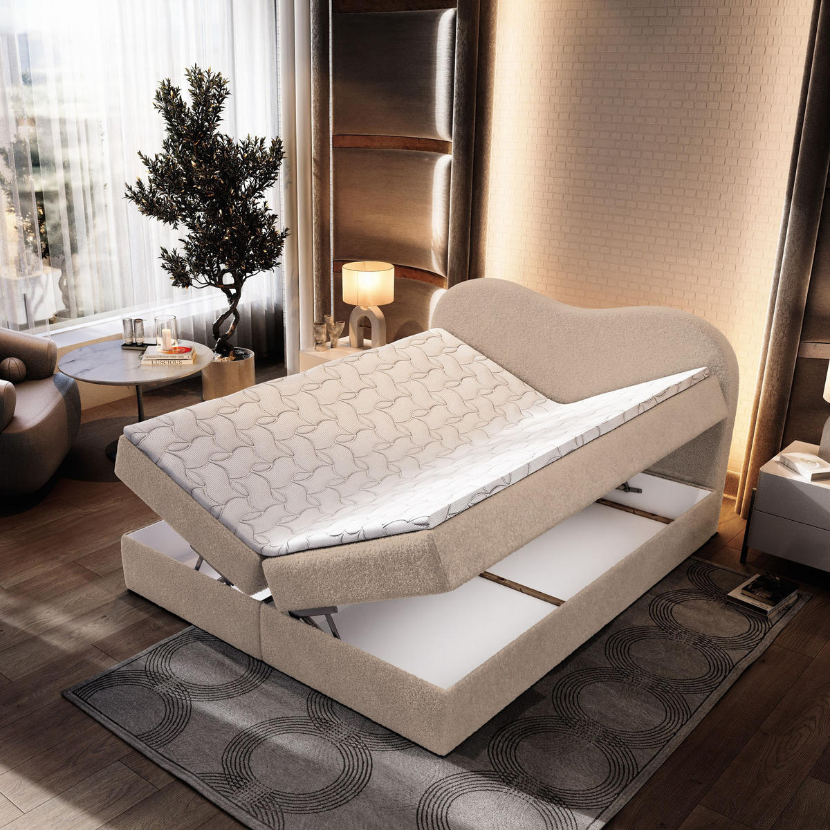 BOXBETT FLUVIA N 160x200 cm mit Matratze und Topper - Beige - Beige, Holz (160/200cm) - MASSENO