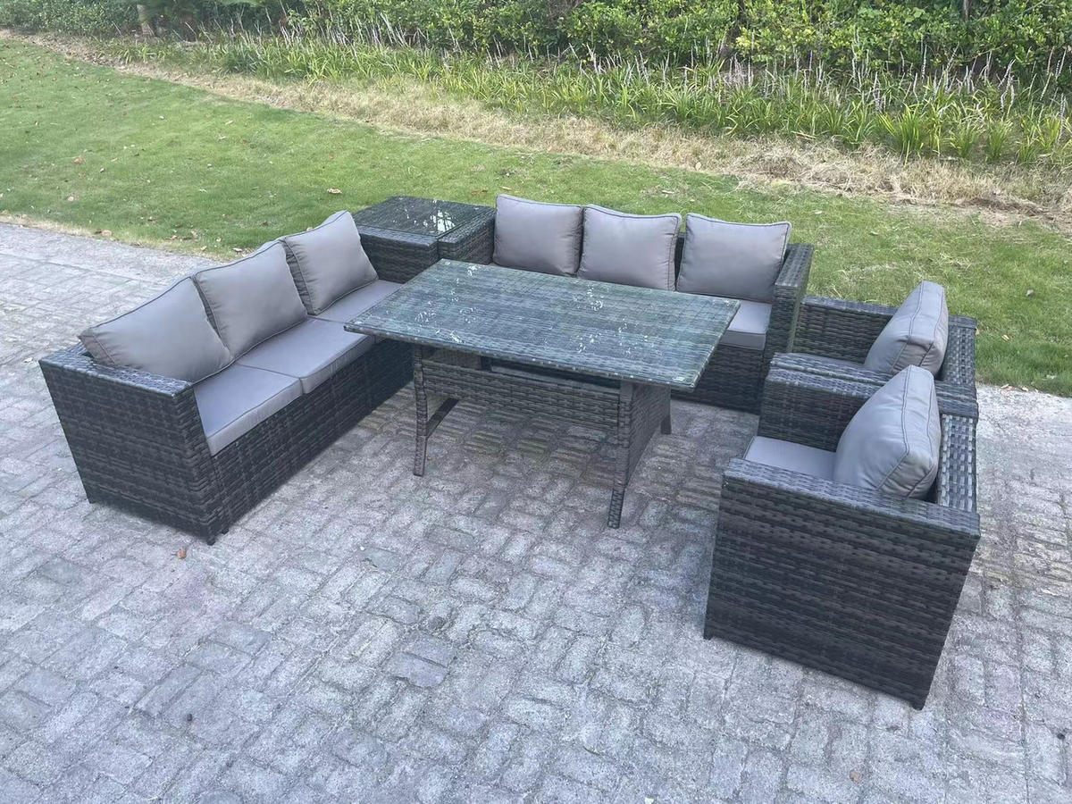SITZGRUPPE mit Beistelltisch Polyrattan Dunkelgrau 8-Sitzer - Dunkelgrau/Grau, Glas/Kunststoff - Fimous
