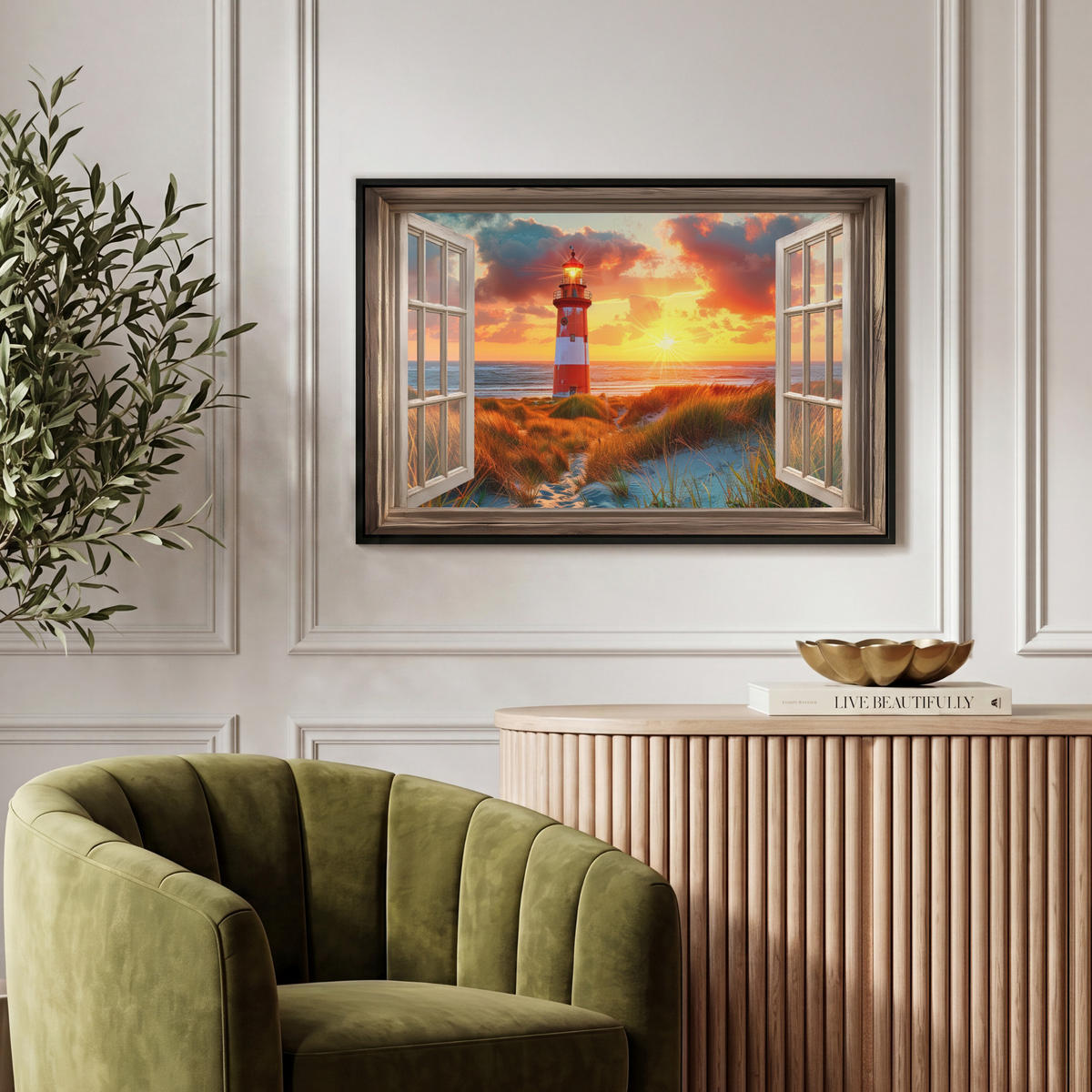 LEINWAND Bilder mit Rahmen - Aussicht - Fenster - Leuchtturm - Sonnenuntergang - Strand - 60x40 - Dunkelorange, Textil (60/40cm) - MuchoWow