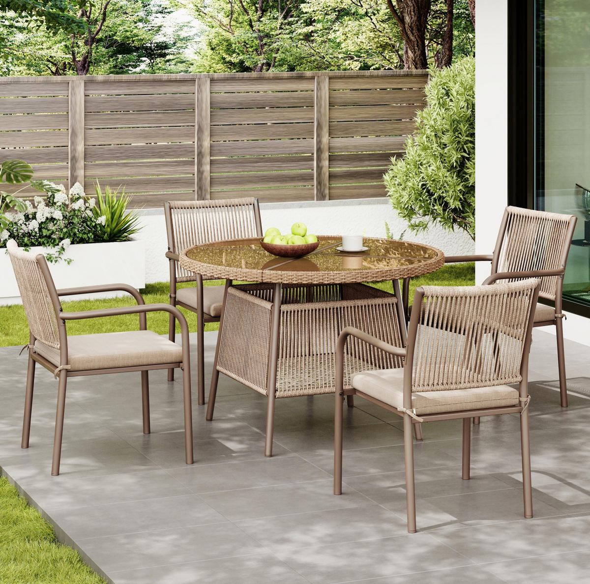 GARTENMÖBEL-SET 110/110/74 cm mit rundem Glastisch, 4 Sesseln und Sitzkissen, Braun - Braun, Metall - Redom