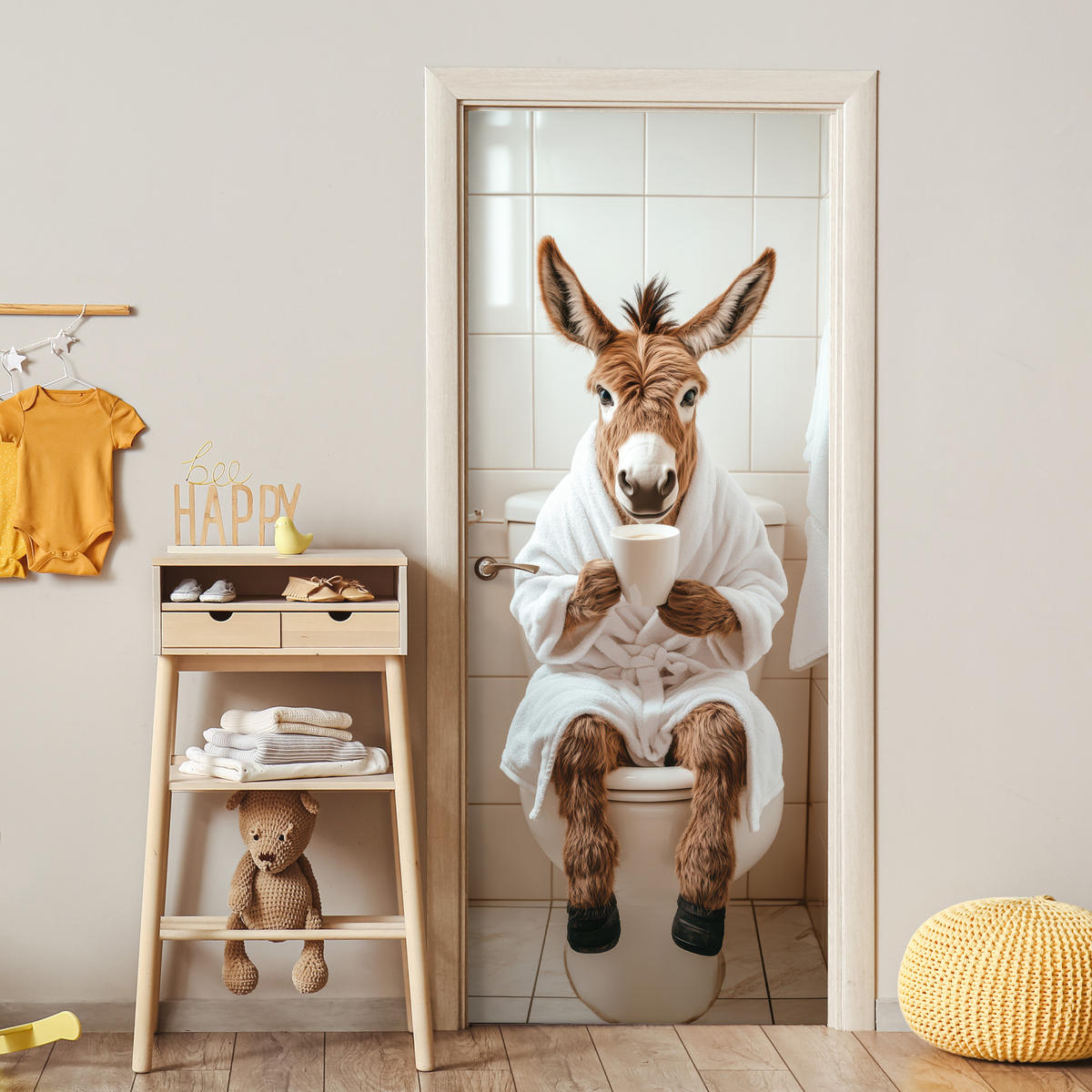 TÜRAUFKLEBER Selbstklebend - Esel - WC - Lustig - Bademantel - Tier 95x215 cm - Türtapete - Beige, Kunststoff (95/0.1cm) - MuchoWow