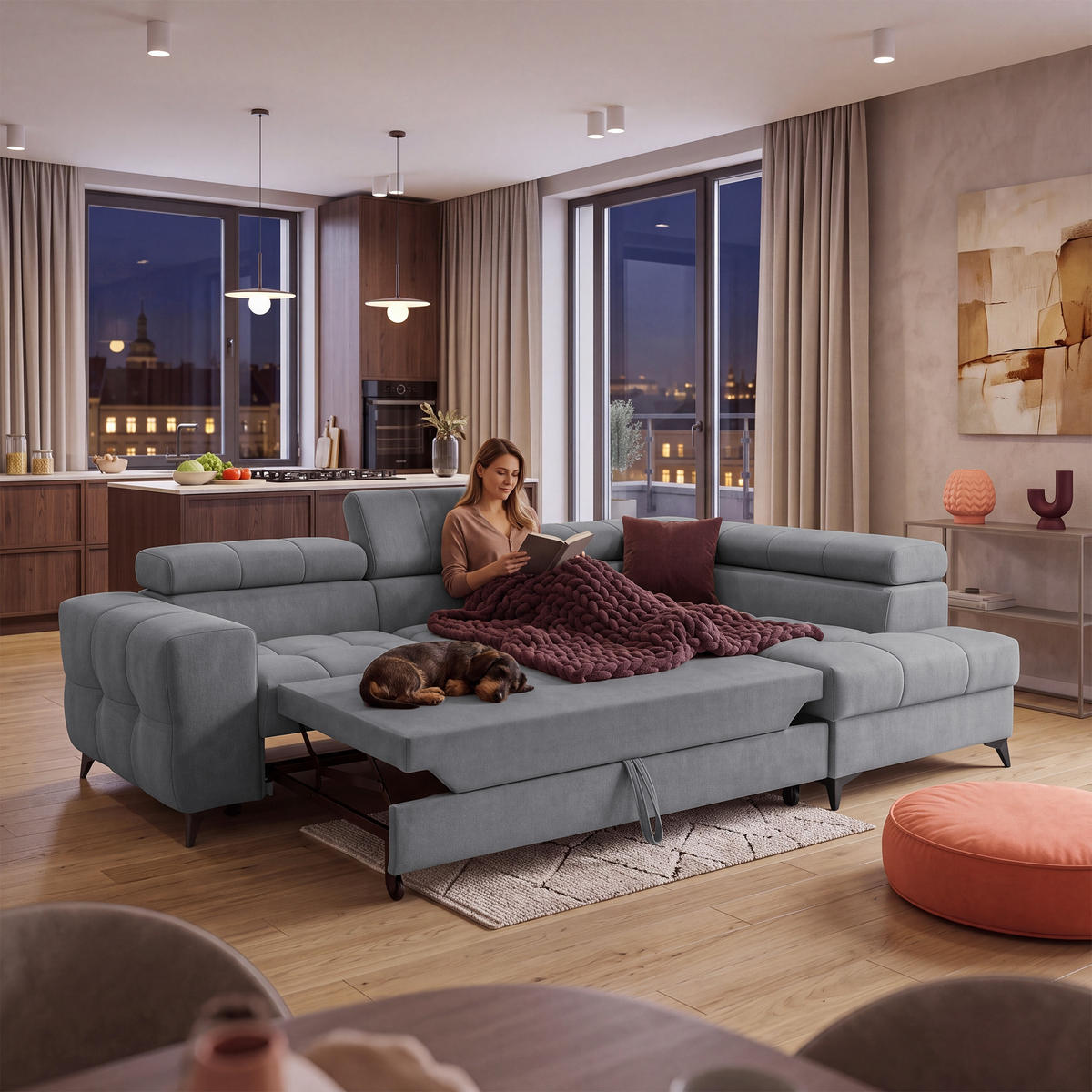 ECKSOFA PUDDING S Rechts mit Schlaffunktion 125x195 Velours Dunkelgrau - Dunkelgrau/Schwarz, Holz/Textil (275/177cm) - Muffo
