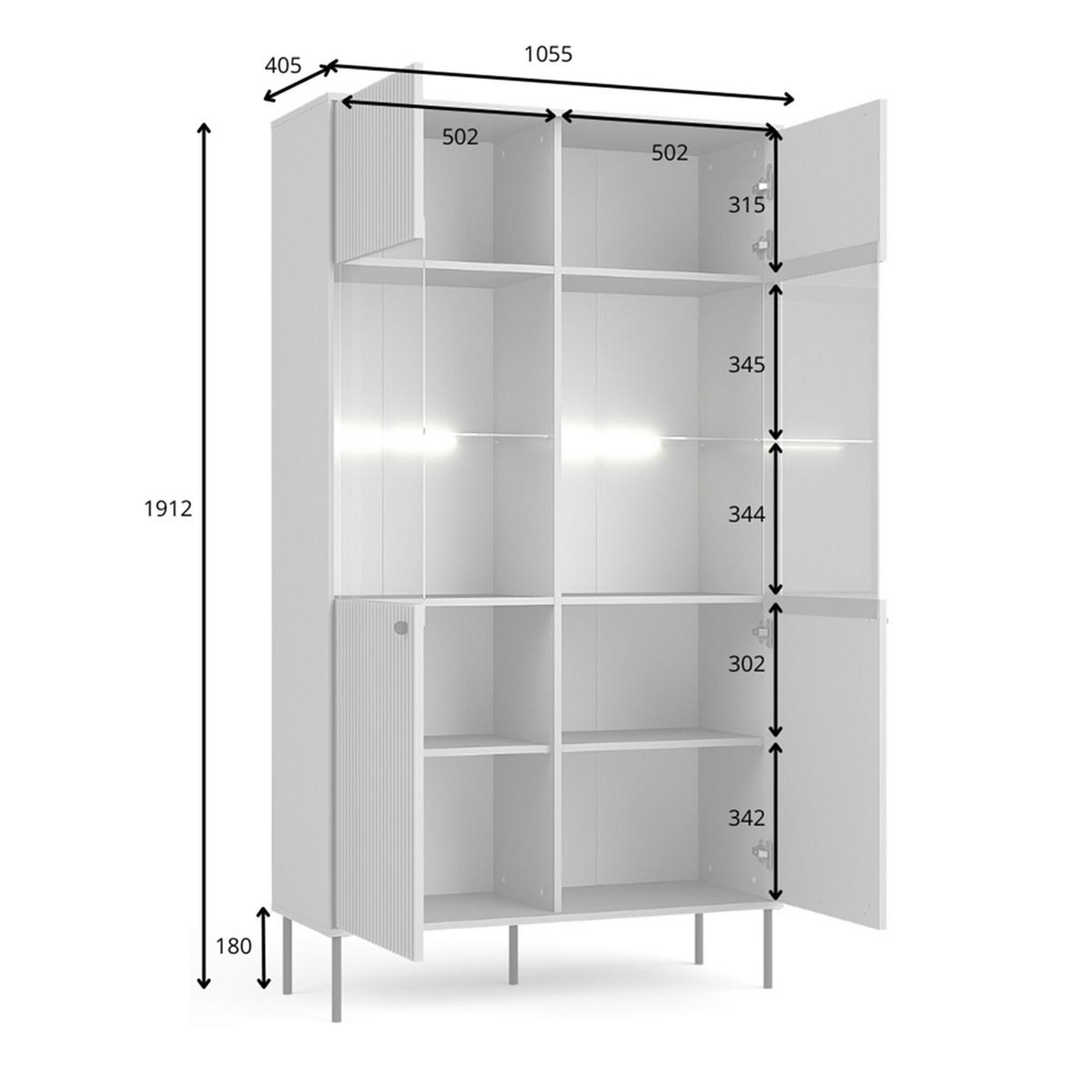VITRINE Irelis 2T Grau 105,4/192,6/41 cm – mit geriffelten Fronten und Glastüren, mit schwarzen Beinen - Schwarz/Grau, Holzwerkstoff/Metall (105.4/192.6/41cm) - AX Living