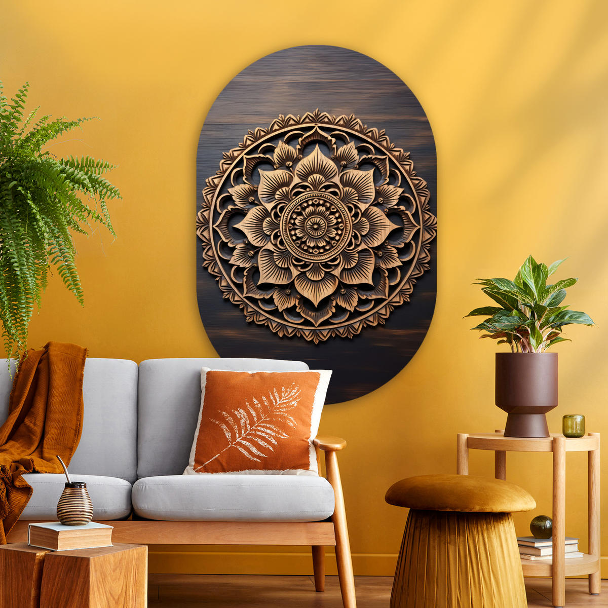 WANDBILD Mandala - Holz - Blumen - Braun 80x120 cm - Gelb, Kunststoff (80/120cm) - MuchoWow