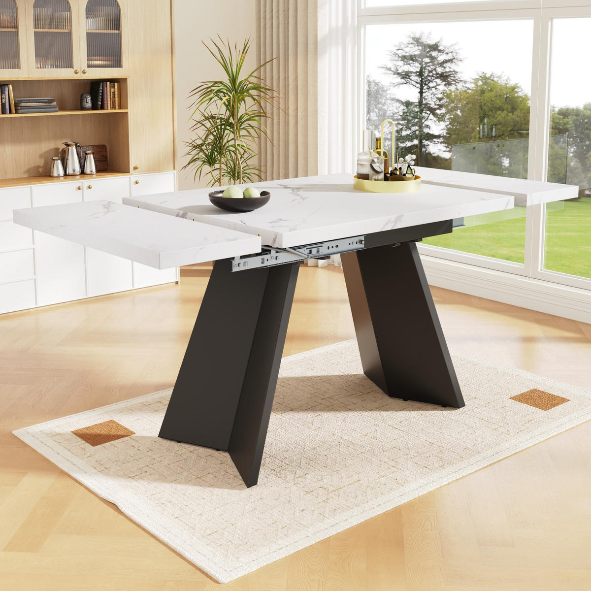 ESSTISCH 99-159x74x77 cm in Weiß und Schwarz aus MDF mit Marmoroptik auf Carbonstahl-Beinen ausziehbar - Weiß, Holzwerkstoff (74/159/77cm) - Modfu