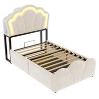 POLSTERBETT 90x200 cm mit hydraulischem Stauraum - LED Beleuchtung & Ladeanschluss - Beige - ohne Matratze - Beige, Textil (90/200cm) - DELFA