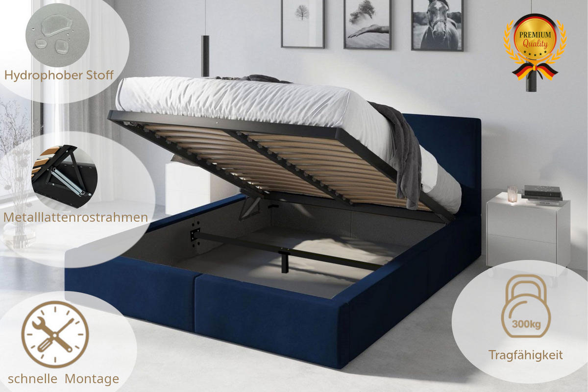 POLSTERBETT Hilton mit Stauraum - Blau, Textil (160/200cm) - Interbeds