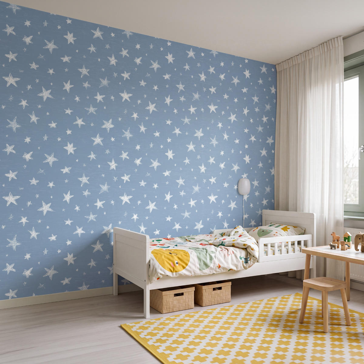 KINDERTAPETE - Sterne - Muster - Blau - 350x260 cm - Hellblau, Papier (350/260cm) - OnlyWow