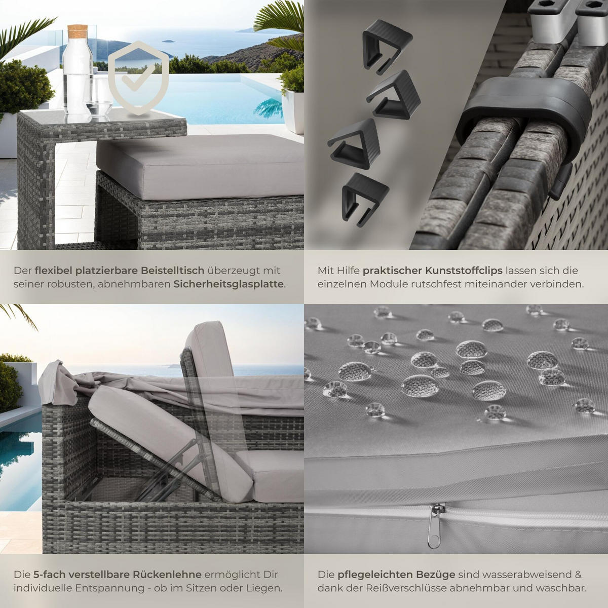 ALUMINIUM RATTANLOUNGE San Marino, mit klappbarem Sonnenschutz, grau - Grau, Kunststoff (68/131/199cm) - tectake