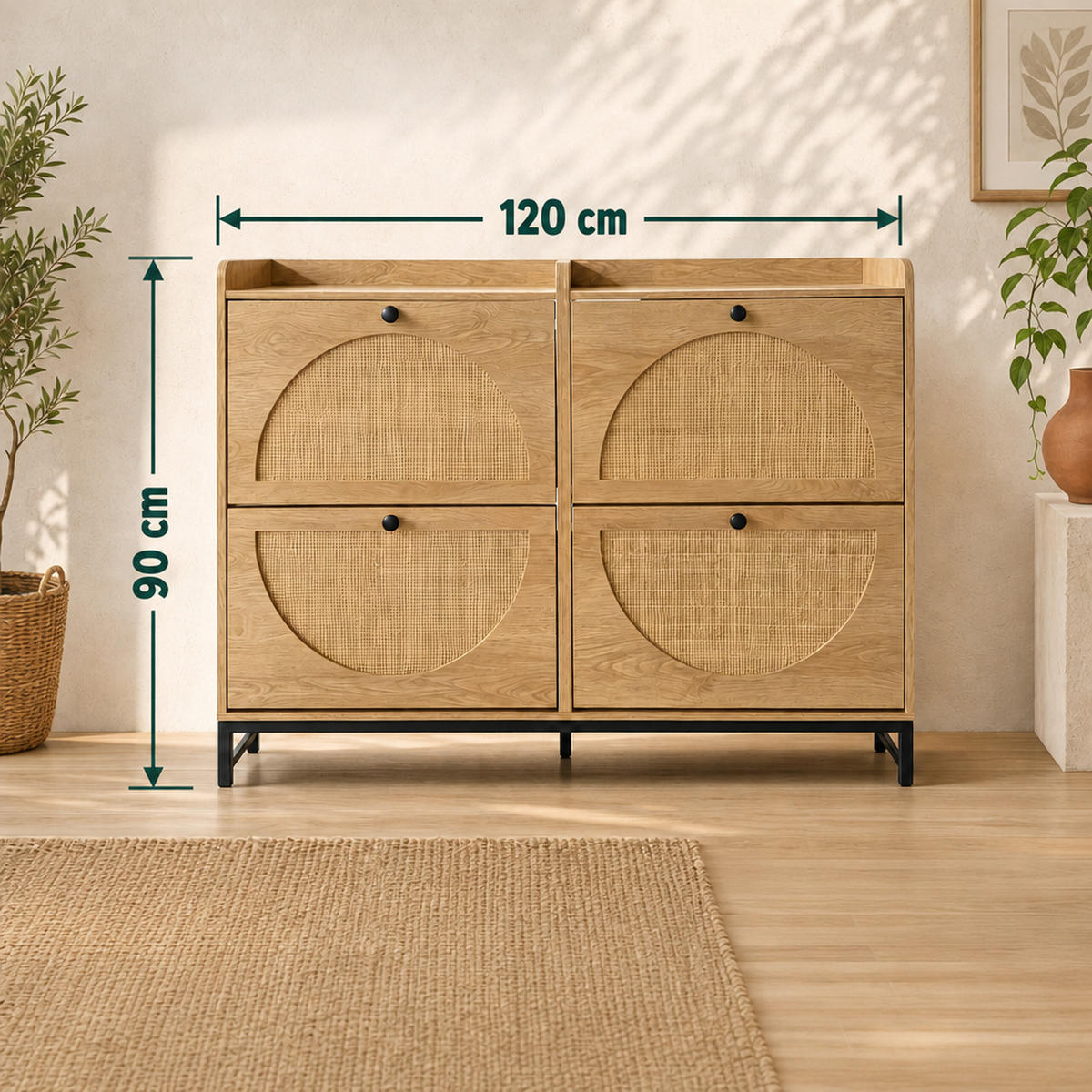 SCHUHSCHRANK Natur Rattanoptik 4-Klappen 90x120x24 cm - Hellbraun, Holzwerkstoff/Metall (120/90/24cm) - Relaxdays