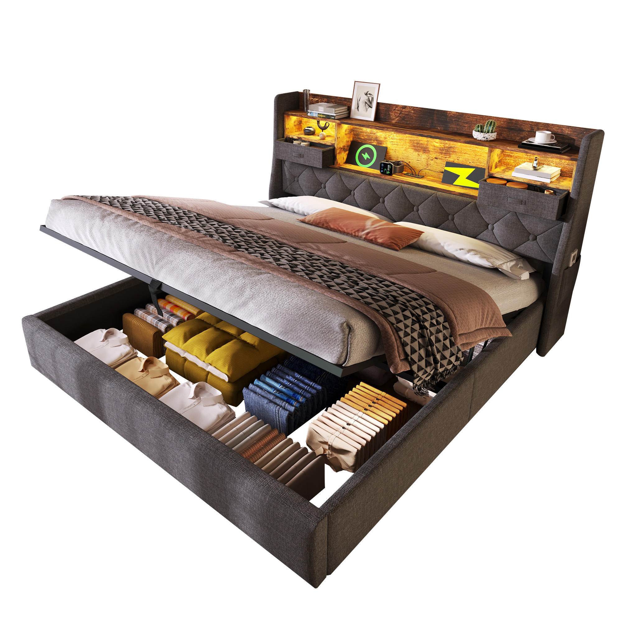 POLSTERBETT 140/200 cm Grau mit hydraulischem Stauraum und LED-Kopfteil mit Matratze - Grau, Textil (140/200cm) - OKWISH