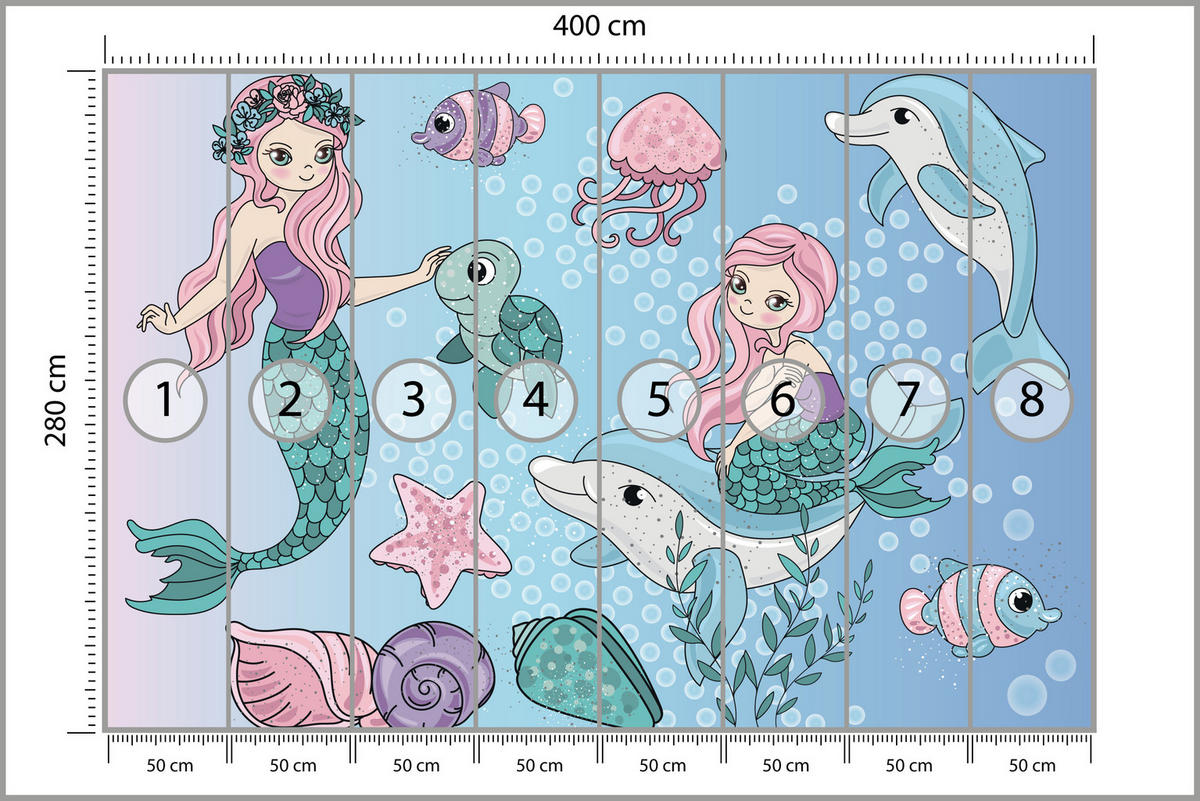 FOTOTAPETE für Kinderzimmer Meerjungfrauen Delfine Fische Muscheln Qualle Schildkröte 400x280 - Multicolor, Papier (400/280cm) - Muralo