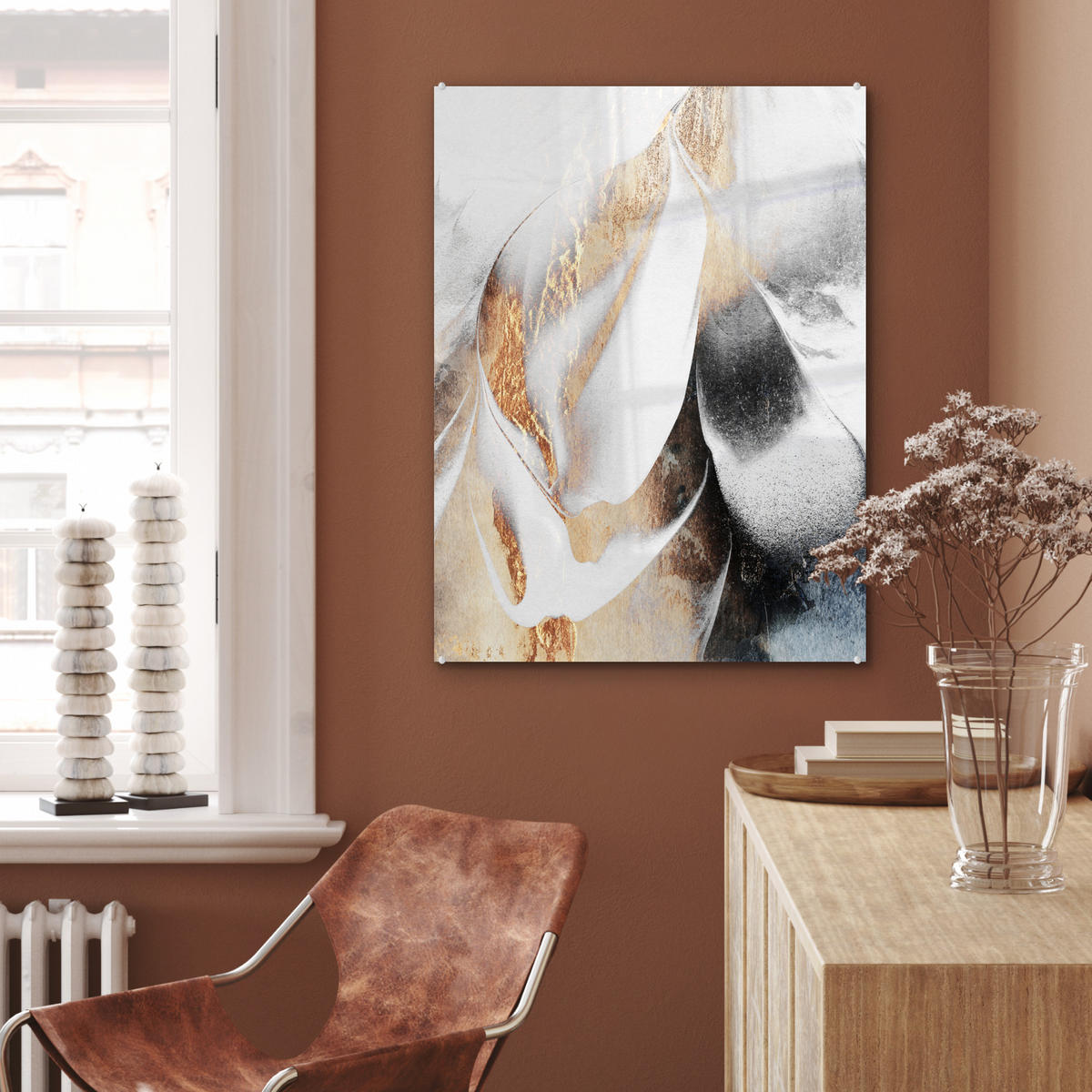 OBRAZ NA AKRYLOVOM SKLE Luxusné - abstraktné - zlaté - biele 60x80 cm - zlatá, sklo (60/80cm) - MuchoWow