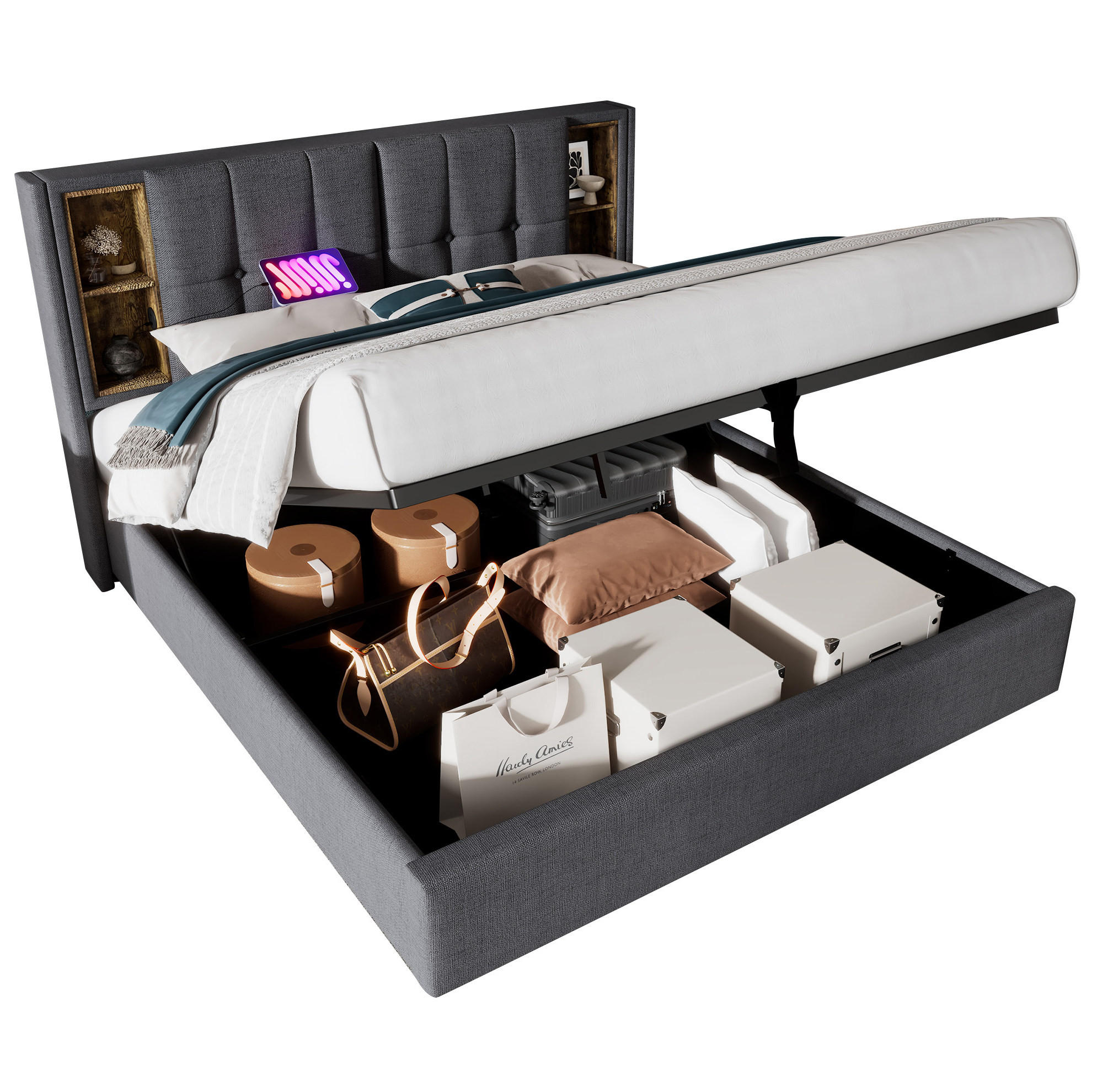 POLSTERBETT 140/200 cm mit kabellosem Laden, USB, Matratze, USB-C und Bettkasten, Baumwolle, Grau - Grau, Textil (140/200cm) - Redom