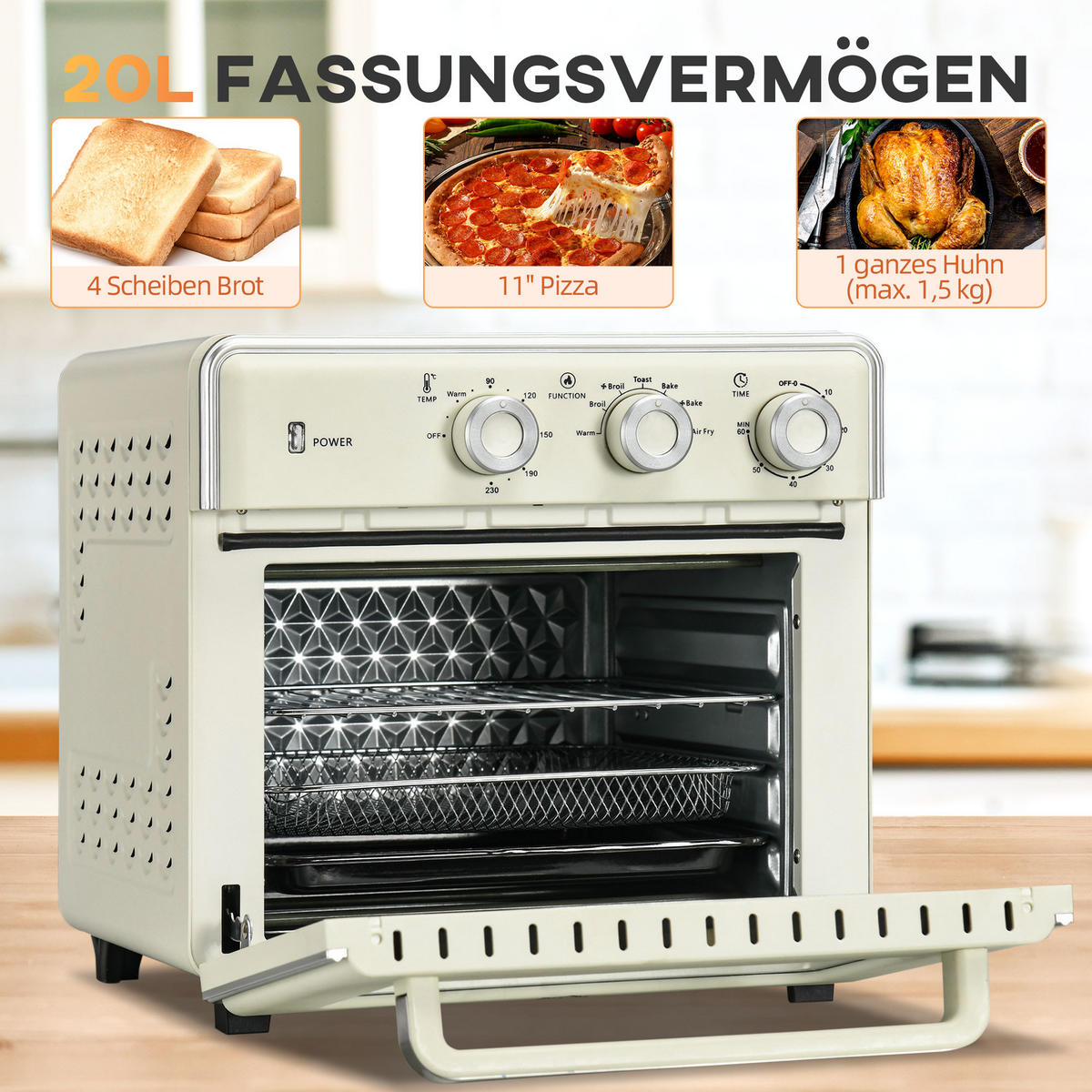 MINIBACKOFEN 20L 1400W mit Umluft, 7-in-1 Pizzaofen mit Backblech, Frittierkorb & Krümelblech, 60 Min. Timer, Cremeweiß - Beige, Metall (36/34.5/37.7cm) - Beaface