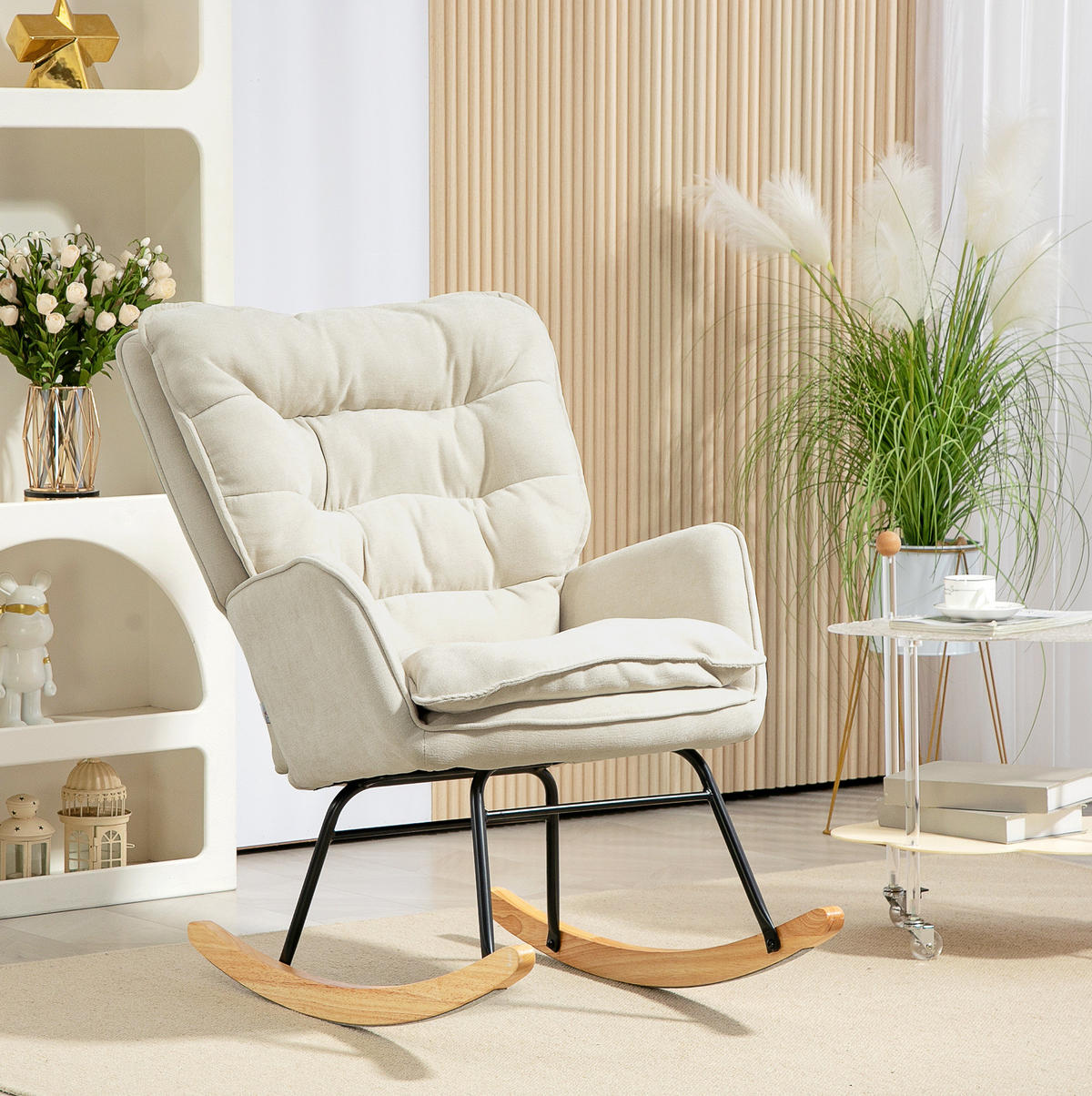 SCHAUKELSTUHL 71/98,5/97 cm in Beige mit Chenilleoptik und hoher Rückenlehne - Beige, Textil (98.5/97/71cm) - Flora Grace