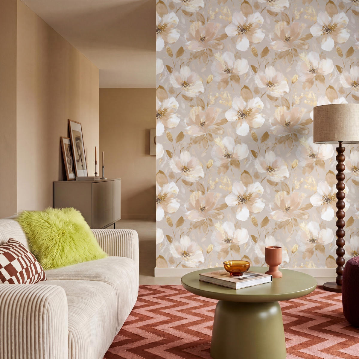 TAPETE - Blumen - künstlerisch - Gold - 160x220 cm - Beige, Papier (160/220cm) - OnlyWow