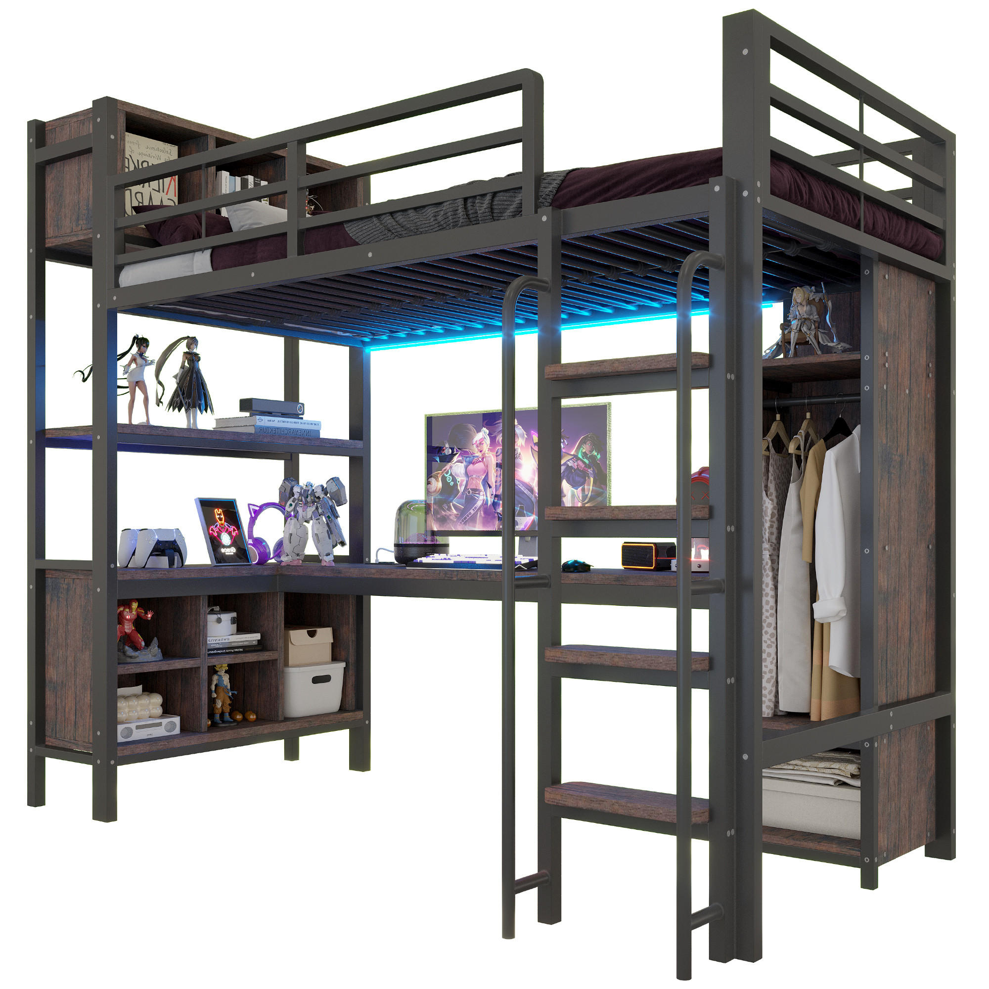 HOCHBETT 90/200 cm in Schwarz mit Schreibtisch, Kleiderschrank, Ablagefächern, LED und Steckdosen Metallbett - Schwarz, Holzwerkstoff/Metall (90/200cm) - STILVORA