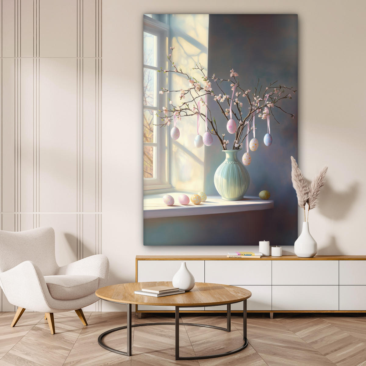 OBRAZ NA PLÁTNĚ Zátiší - Váza - Velikonoční ratolest 90x140 cm - světle modrá, textil (90/140cm) - MuchoWow
