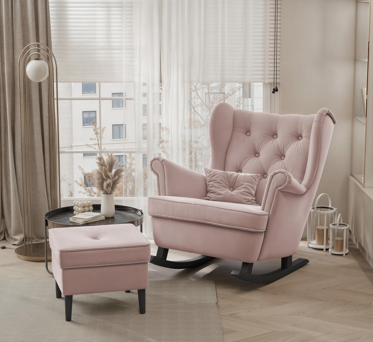 SCHAUKELSESSEL SCANDI mit hocker, Samt Rosa - Rosa, Holz/Textil (75/97/60cm) - Idohome