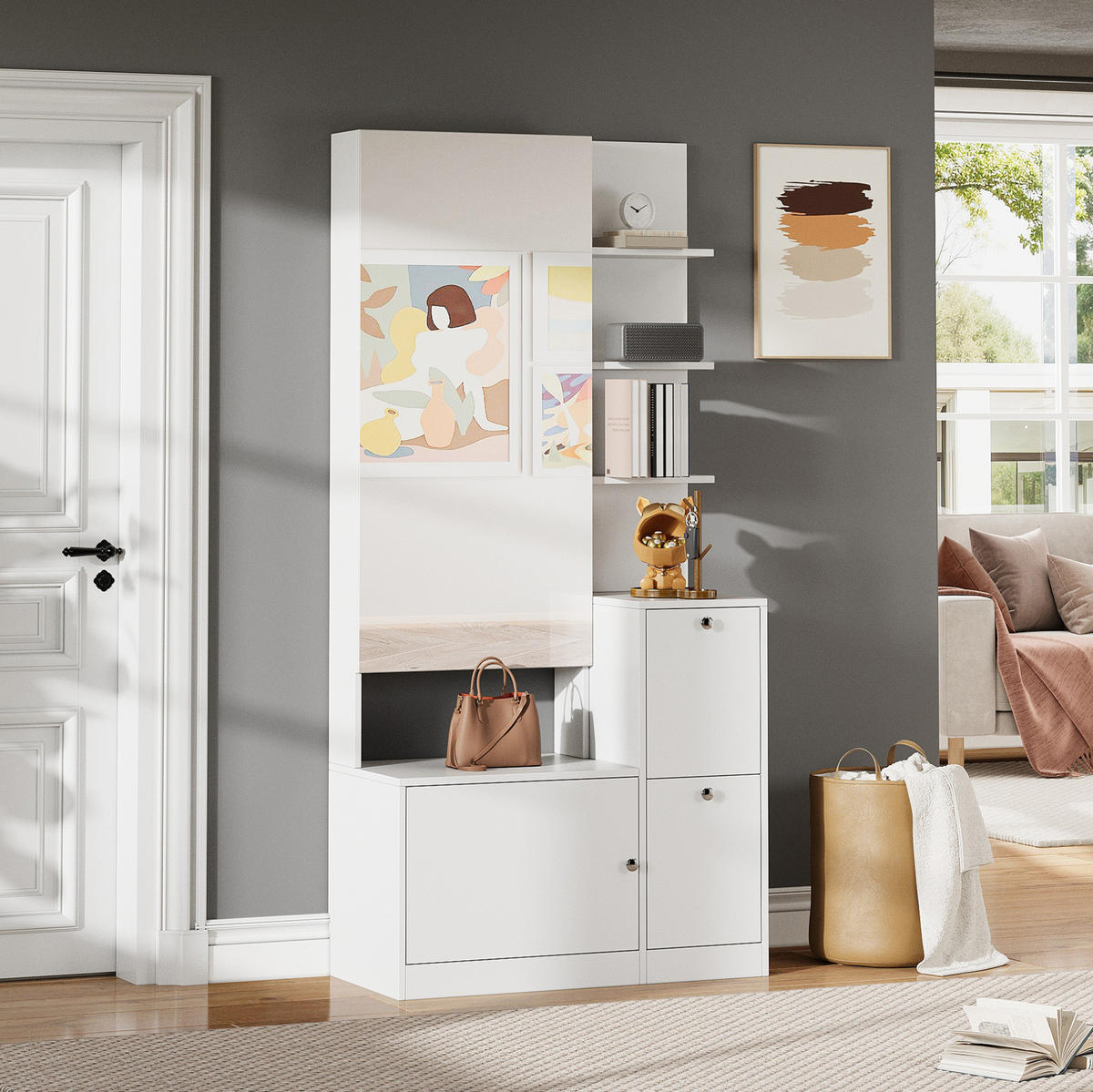 FLURSCHRANK 85/40/180 cm mit Spiegel, 2 Schuhschränken, 5 offenen Ablagen und Spanplatte, Weiß - Weiß, Holzwerkstoff (85/180/40cm) - Redom