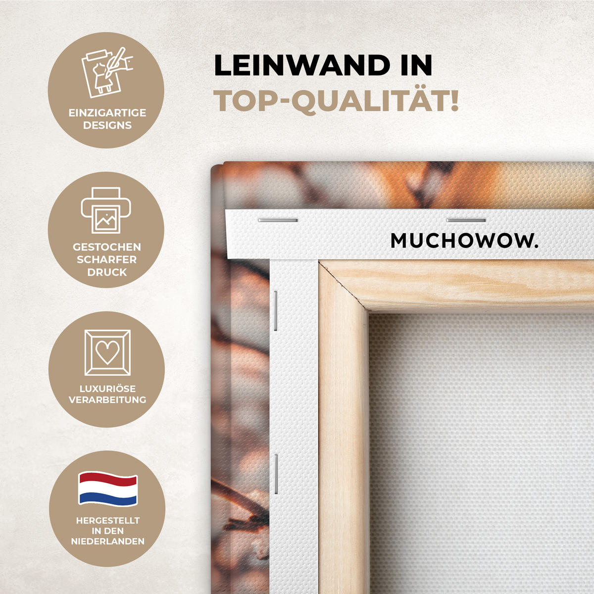 LEINWANDBILD Vogel - Zweig - Winter - Tiere - Schnee 30x20 cm - Bernsteinfarben, Textil (30/20cm) - MuchoWow